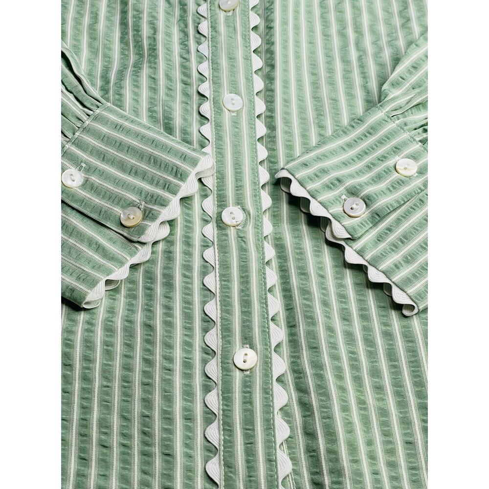 Entro sage green striped blouse L scalloped collar button front cotton blend - Picture 12 of 15